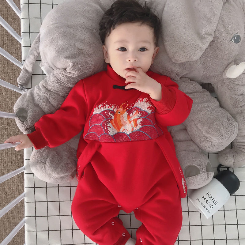 婴儿冬装唐装新年衣服6-12个月加绒哈衣外出抱衣一岁男宝宝连体衣