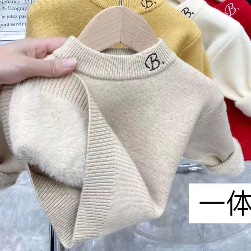 儿童毛衣加绒男童女童一体绒毛衣加厚半高领新款洋气百R