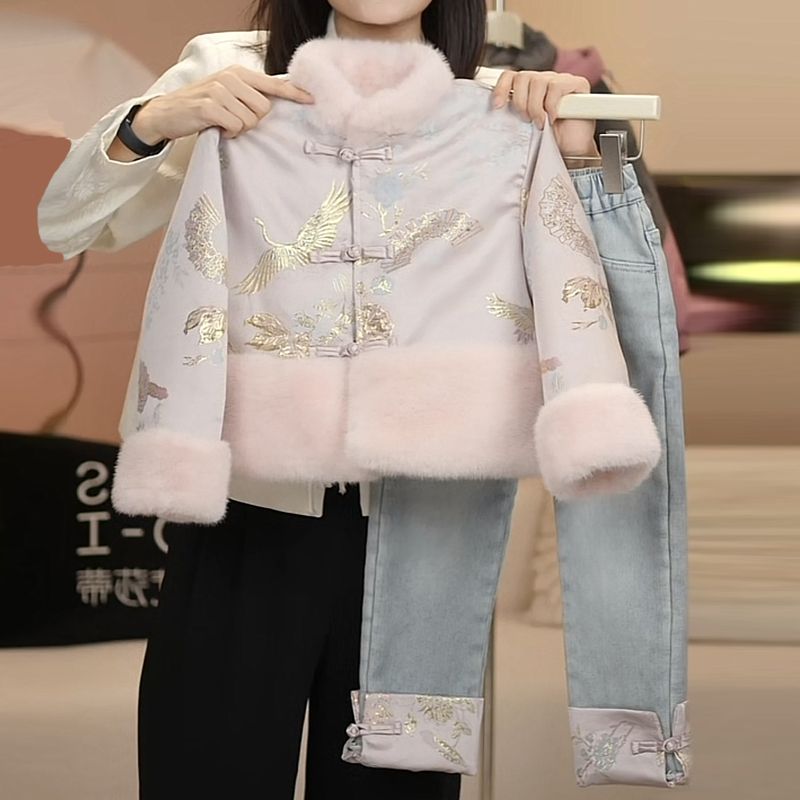 女童中国风套装冬季新款加绒加厚唐装拜年服洋气牛仔裤两件套