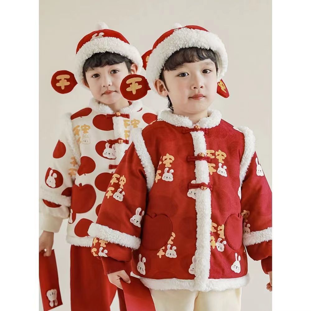 儿童拜年服2023新款男女童刺绣盘扣拼绒棉服中国风宝宝洋气套装潮