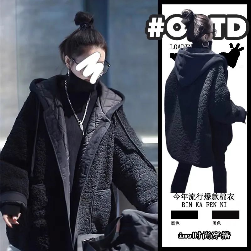 外套女秋冬时尚新款拼接假两件卫衣连帽宽松百搭大码呢大衣