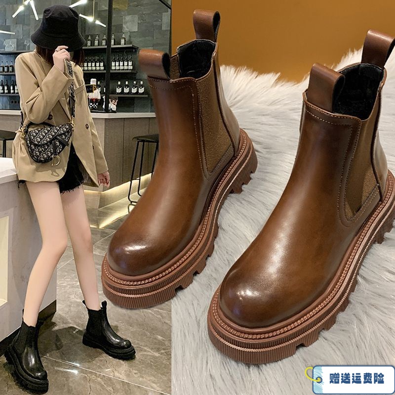 红蜻蜓牌烟筒女短靴2023秋冬新款厚底英伦风靴子中筒切尔西马丁靴