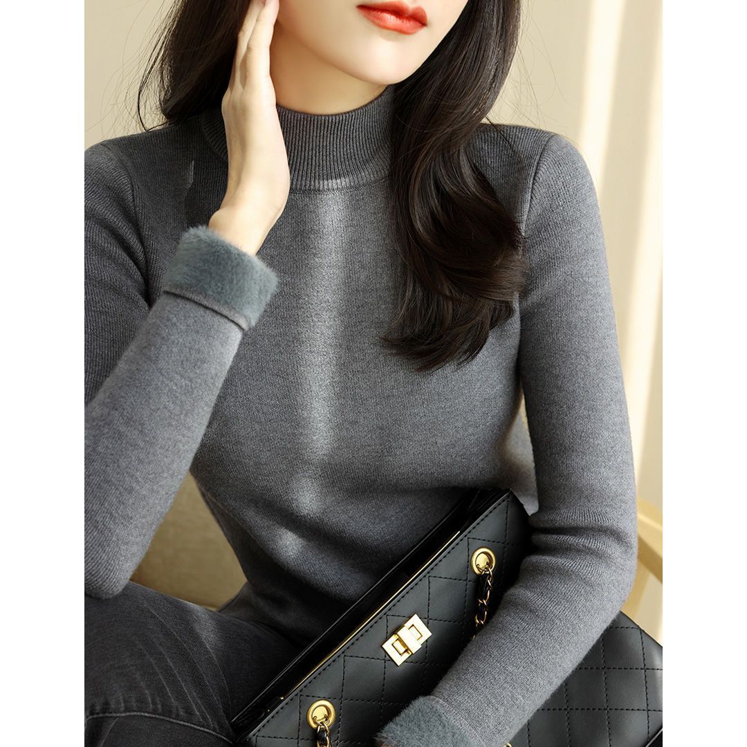 一体绒半高领加厚毛衣女2023秋冬新款加绒保暖修身内搭针织打底衫