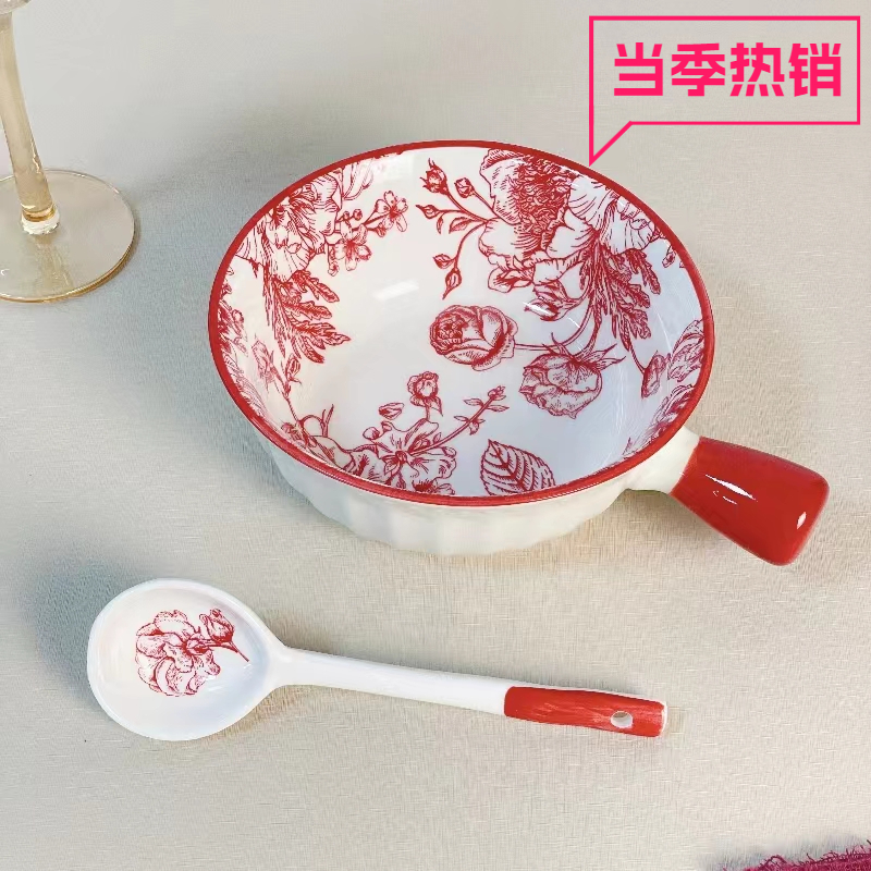 玫瑰假日复古大气6英寸手柄碗勺子小清新釉下彩碗结婚家用手绘