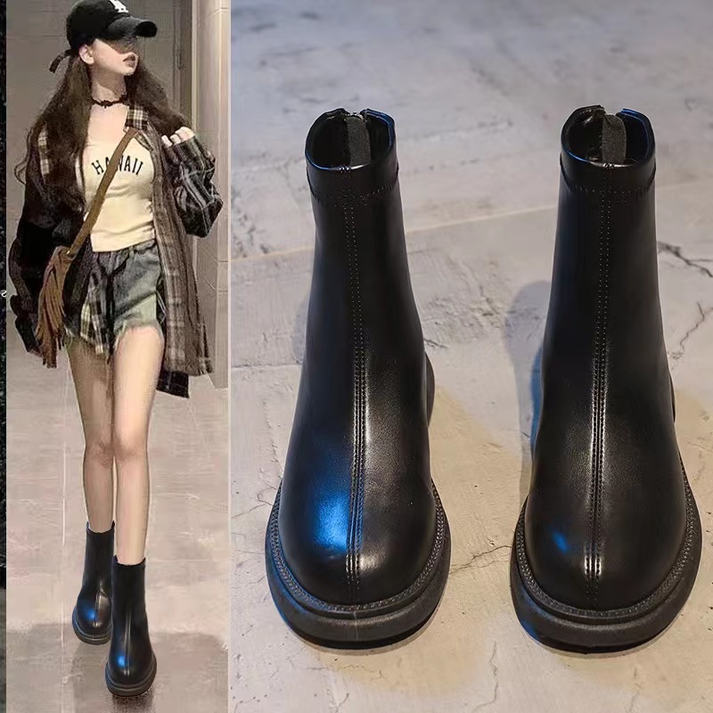 韩系小短靴女2023年新款秋季平底软皮靴子黑色短靴女瘦瘦靴马丁靴