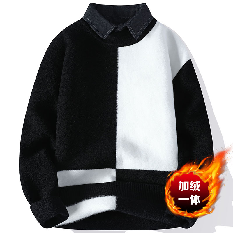 冬季青少年假两件毛衣男孩初中学生加绒加厚内搭打底衫大童针织衫