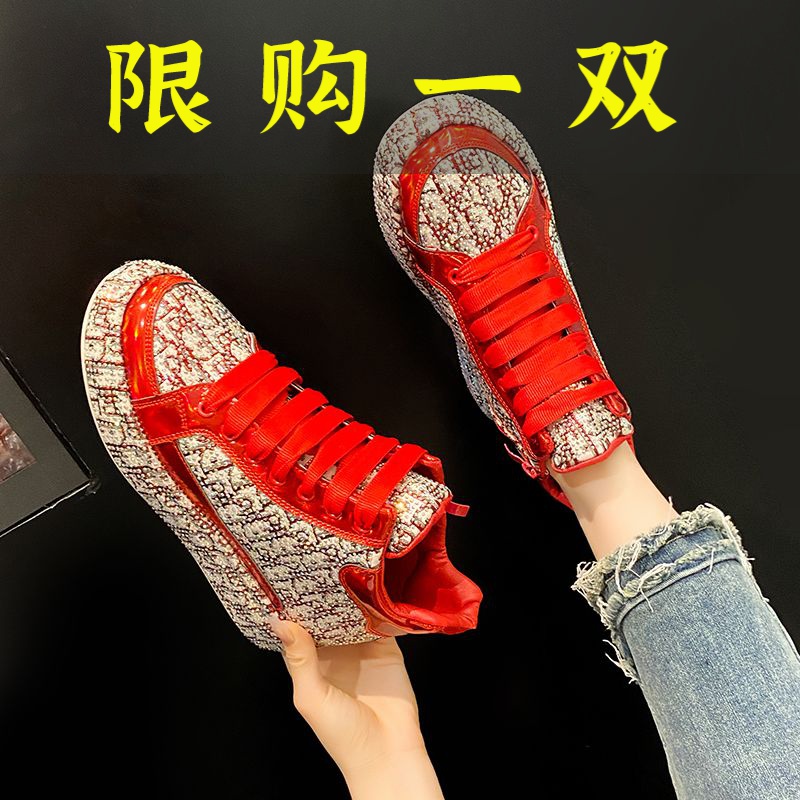 红蜻蜓牌高帮运动鞋女秋季百搭板鞋2023新款厚底高邦休闲鞋满钻