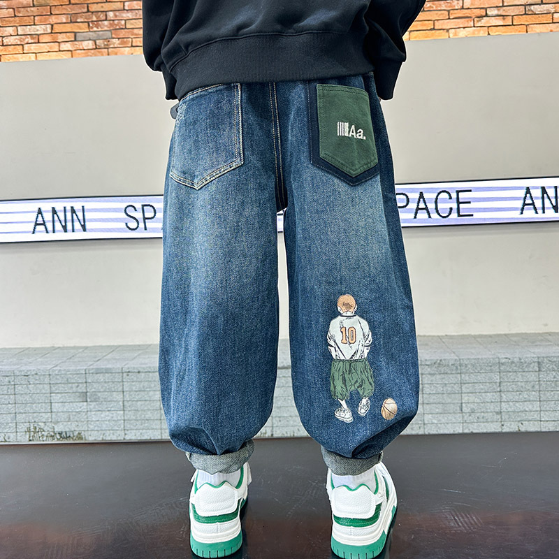 男童牛仔裤春装2024新款儿童装卡通直筒裤男孩潮酷帅气春秋款长裤