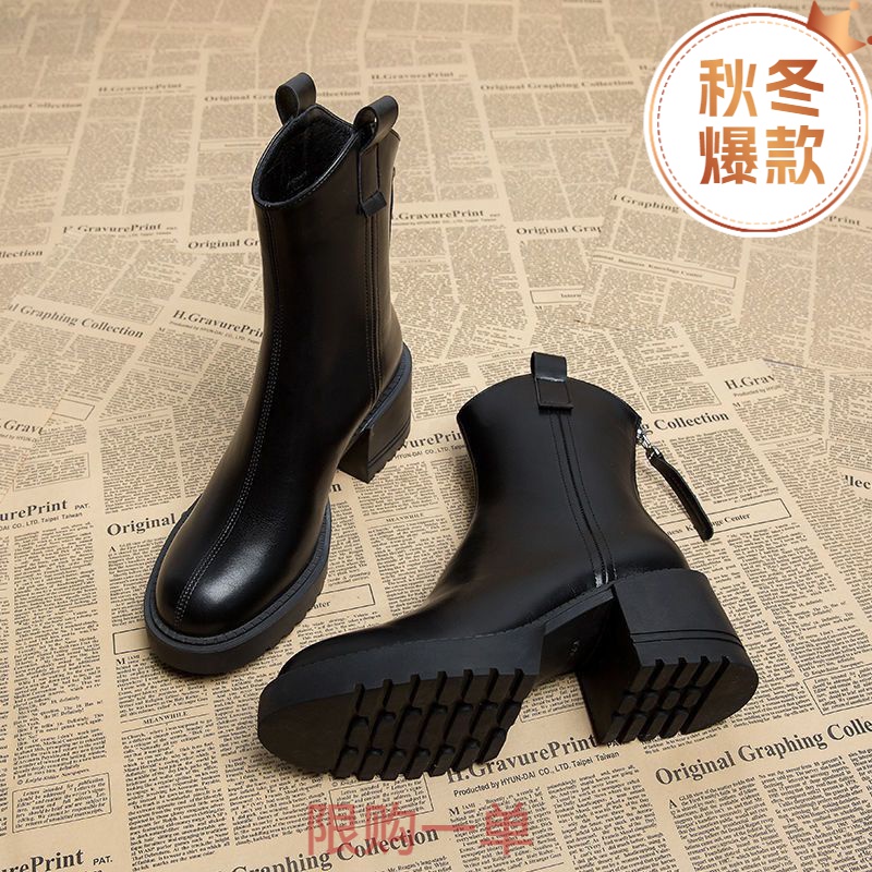 切尔西软皮高跟马丁靴2023秋冬季新款百搭气质粗跟爆款时装靴女YH