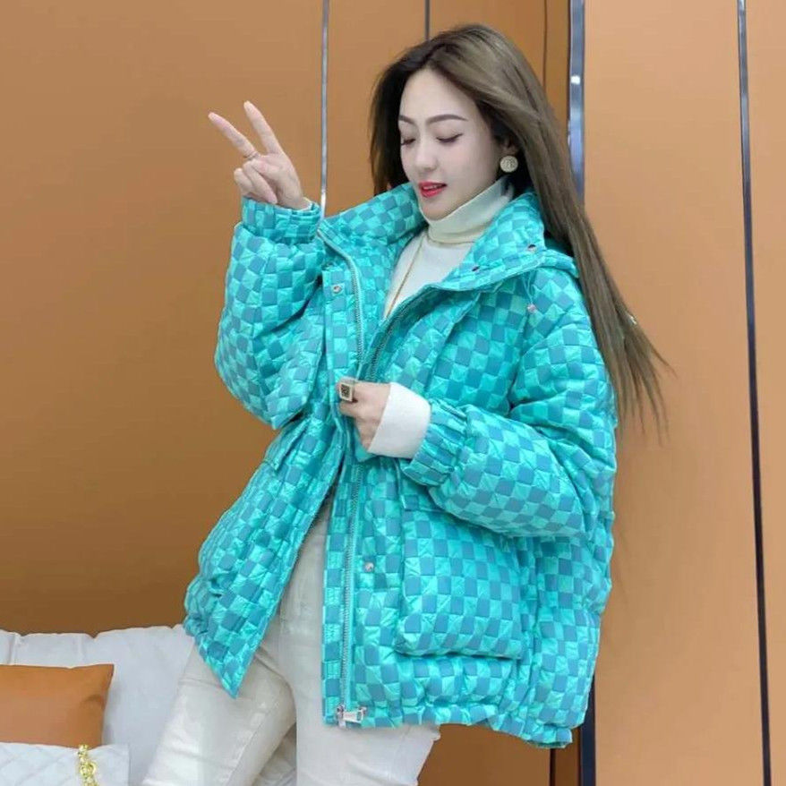 艾莱依格子羽绒服女短款加厚休闲宽松白鸭绒棋盘格冬季面包服外套