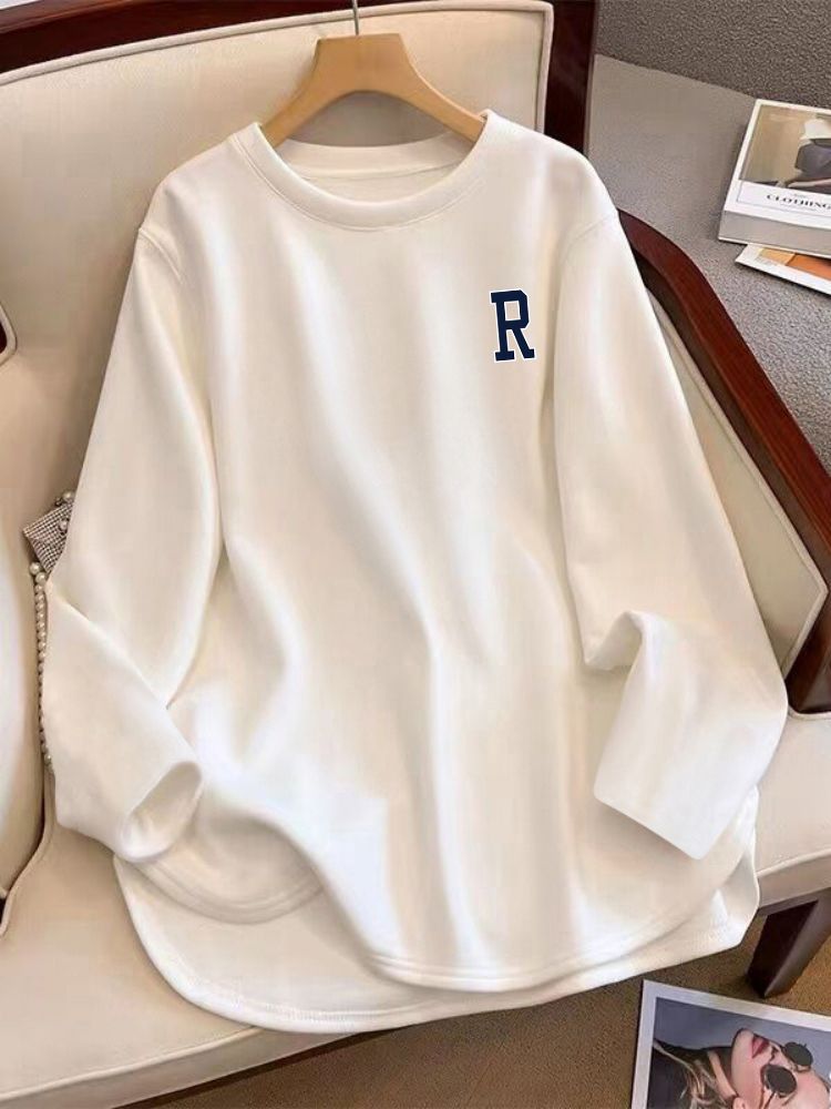 2023年新款德绒加厚磨毛T恤女秋冬内搭宽松中长款长袖上衣打底衫