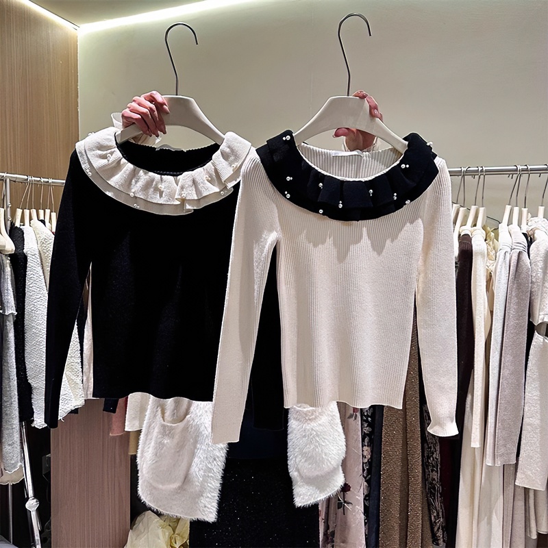 法式设计感荷叶边针织衫女秋冬新款时尚洋气百搭珍珠拼接圆领上衣