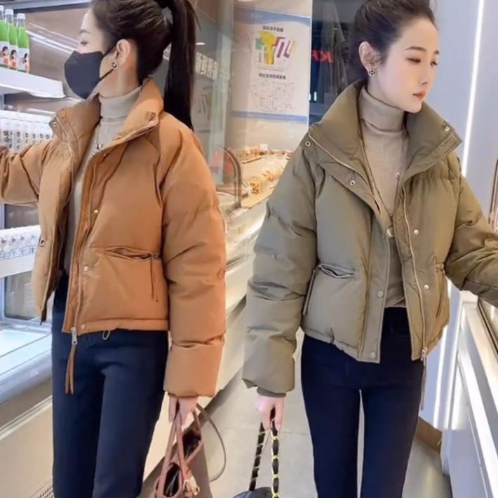 2023年新款冬季女士羽绒服小个子短款白鸭绒纯色立领面包服外套女
