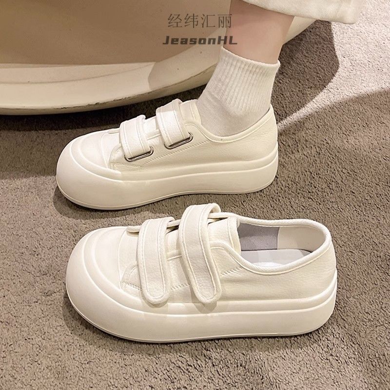魔术贴厚底小白鞋女2023春季新款白色帆布鞋丑萌大头港风kk