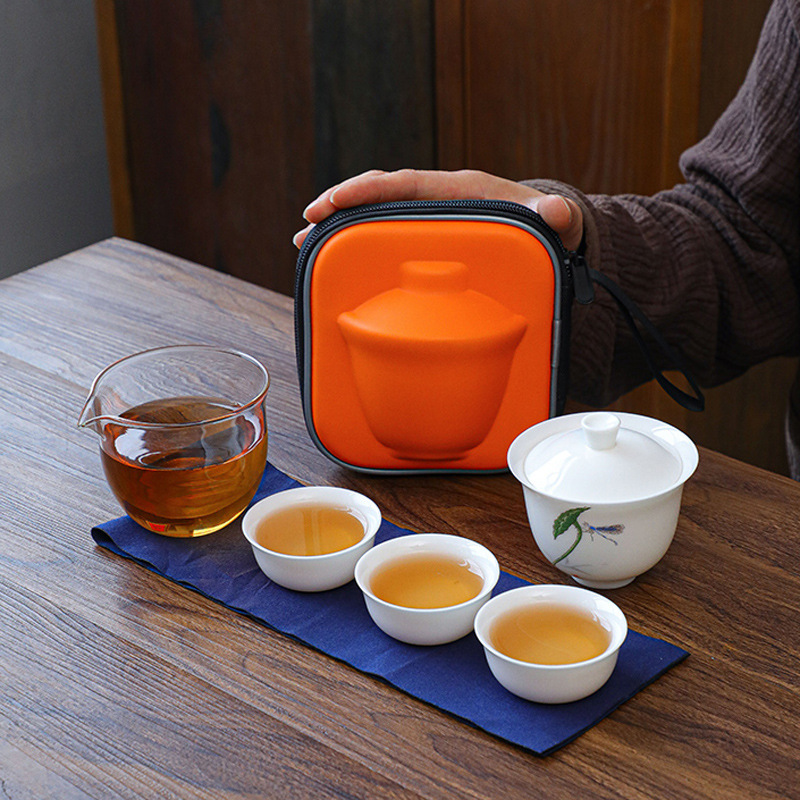 简约陶瓷快客杯一壶三杯便携旅行功夫茶具户外露营套装可加印LOGO