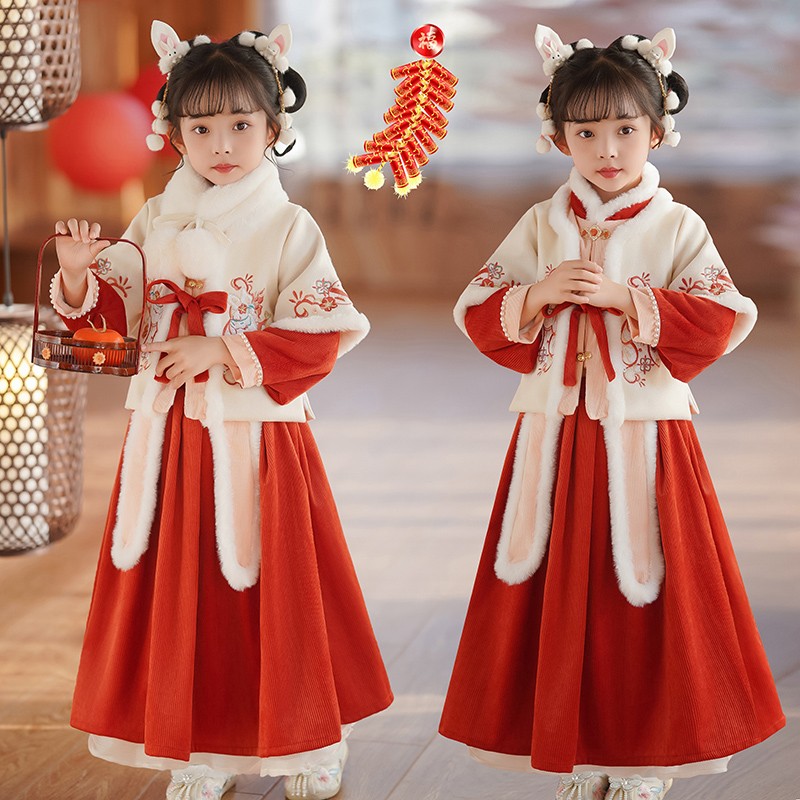 NY潮牌女童汉服秋冬款中小童古风超仙明制套装过年加厚拜年服古装