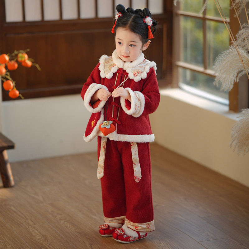 NY潮牌女童拜年服冬季新款宝宝汉服礼服过新年喜庆衣服中国风唐装