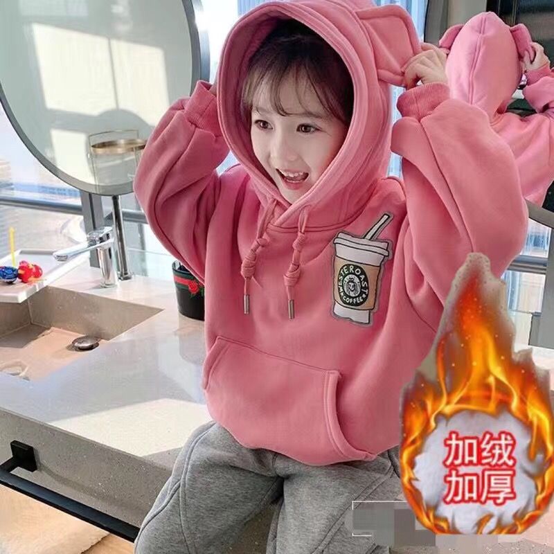 【冬季大促】儿童女童加绒卫衣中小大童洋气兔耳连帽加厚套头保暖