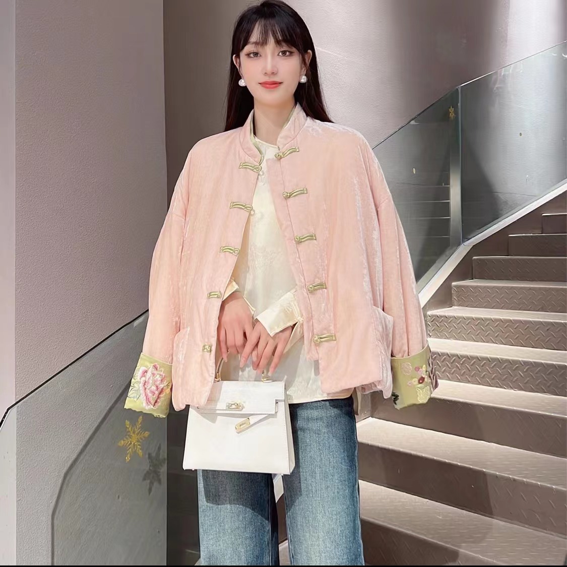 冬季民族风立领中国风中式绣花时尚古风宽松外套8566