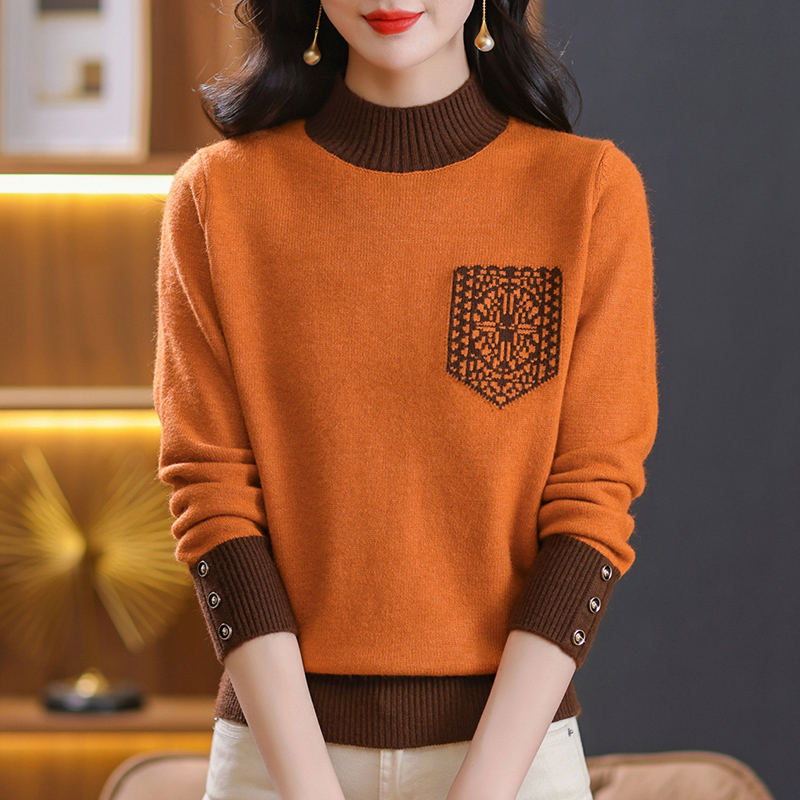 【羊毛衫】冬季半高领套头针织衫女拼色宽松显瘦毛衣洋气百搭打底衫