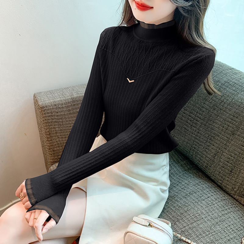 欧朵妍半高领蕾丝拼接针织打底衫女2024春季新款毛衣洋气内搭上衣