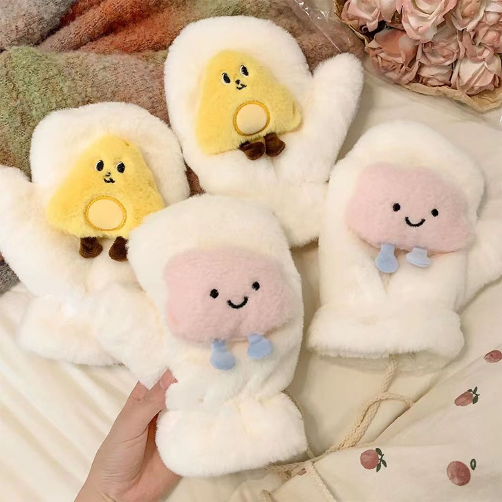 毛绒连指可爱手套女骑行加绒加厚毛茸茸挂脖秋冬防寒学生超厚手套