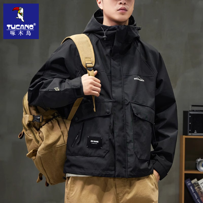 啄木鸟2023秋冬季男士外套新款潮流短款夹克工装潮青年连帽上衣服