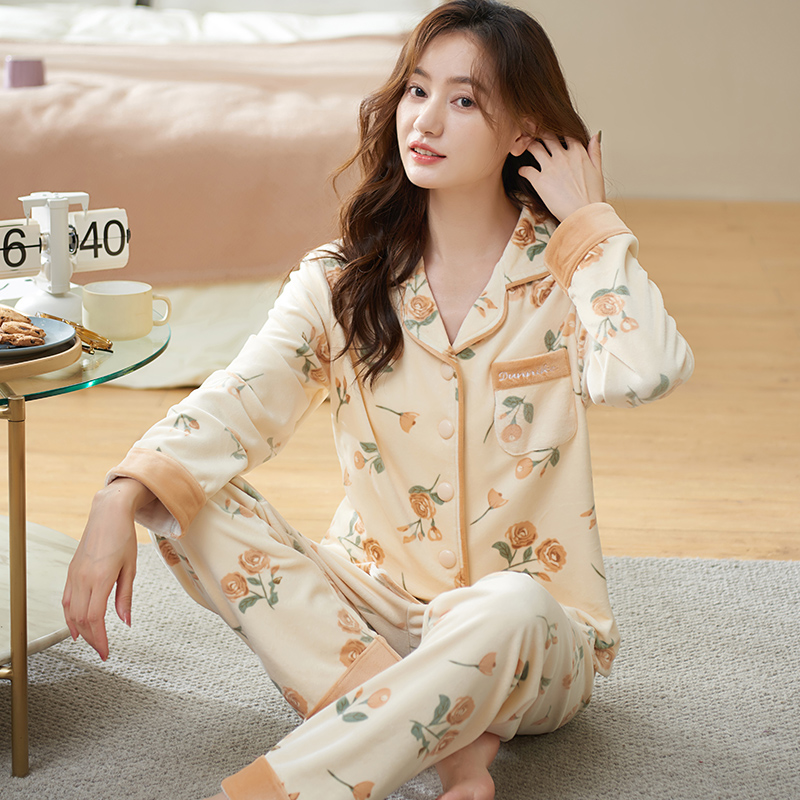 中年妈妈海岛绒睡衣女士秋冬季薄绒珊瑚绒休闲家居服大码保暖套装
