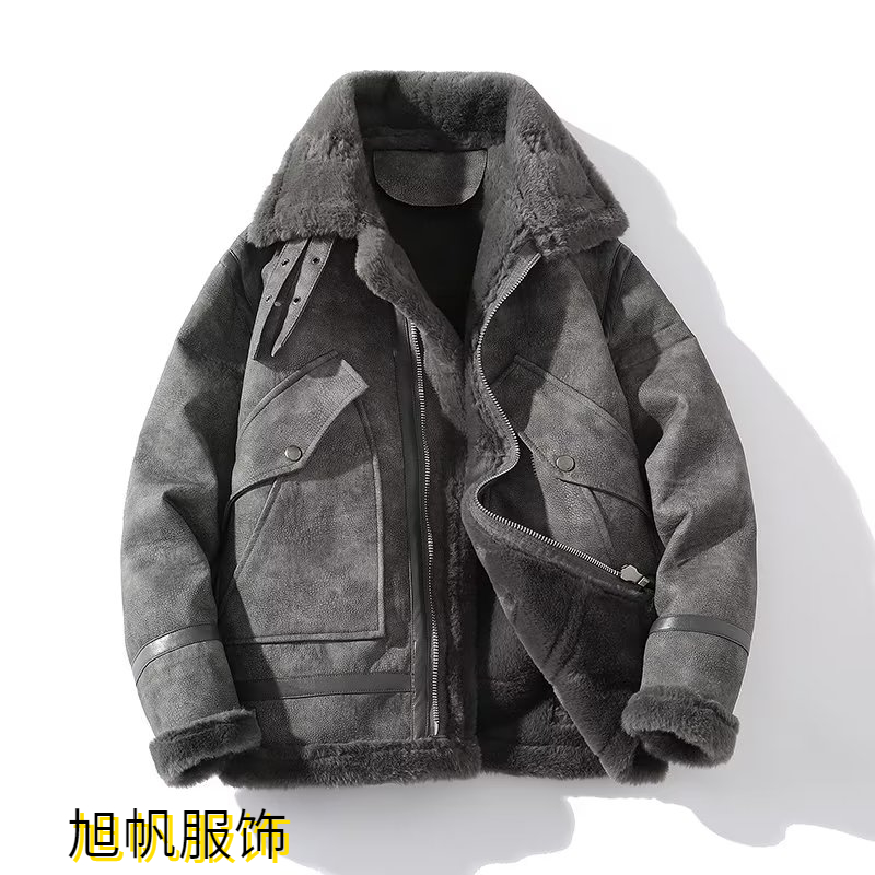 XF森馬系2023年羊羔毛一体翻领工装夹克外套男士皮毛冬季宽松加厚