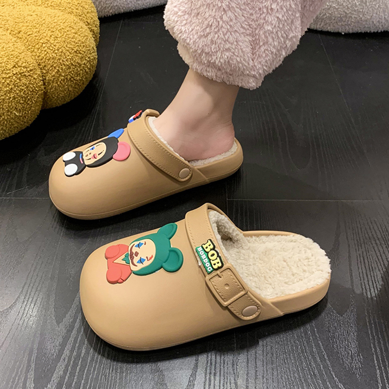 卡通防水防滑棉拖鞋女秋冬加绒毛毛包头半拖孕妇软底面包棉鞋WX