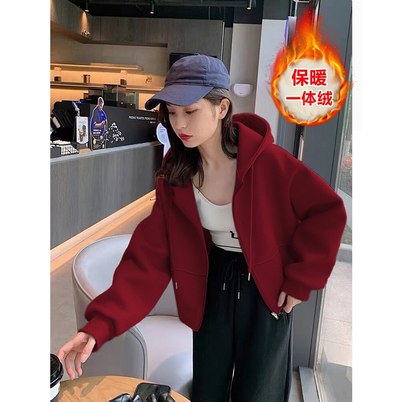 【小扬哥甄选】即墨卫衣外套女2023秋冬新款爆款酒红色加绒休闲开