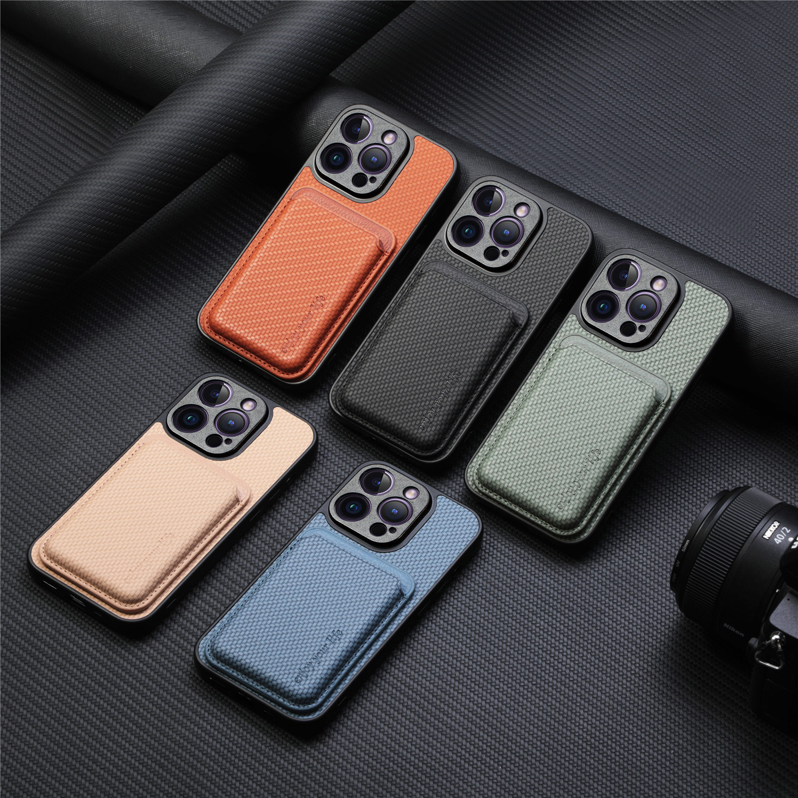 适用iPhone15 手机壳背贴Magsafe磁吸卡包纤维纹苹果14卡套超薄