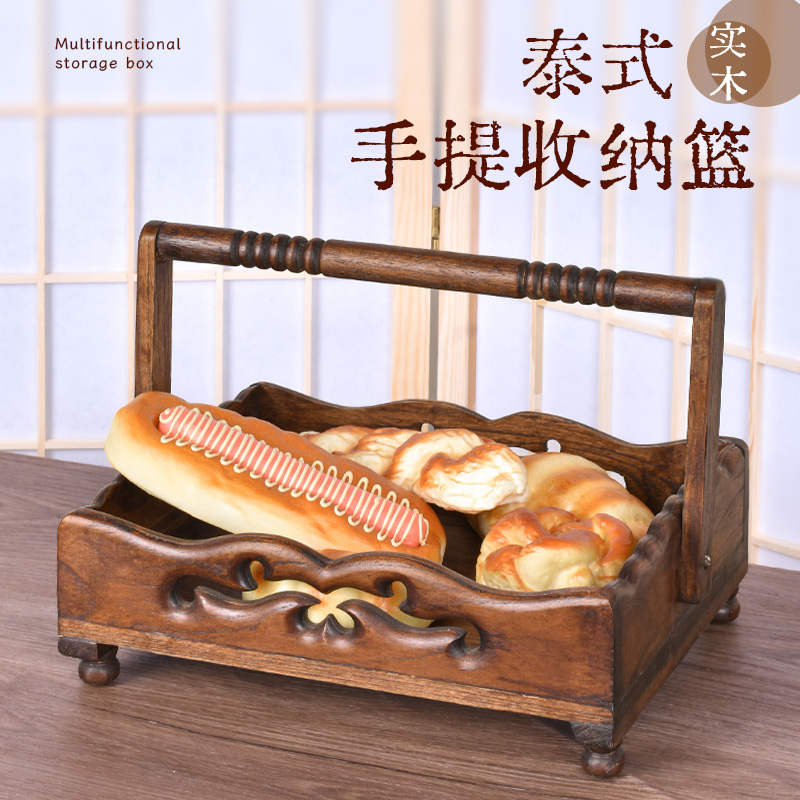 班塔外东南亚复古特色手工家用客厅镂空雕花实木圆角手提篮收纳篮