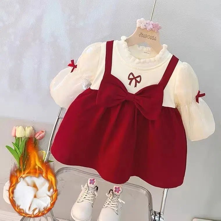 女童冬装连衣裙婴儿女宝宝加绒冬季款裙儿童红色礼服01-4岁公主裙
