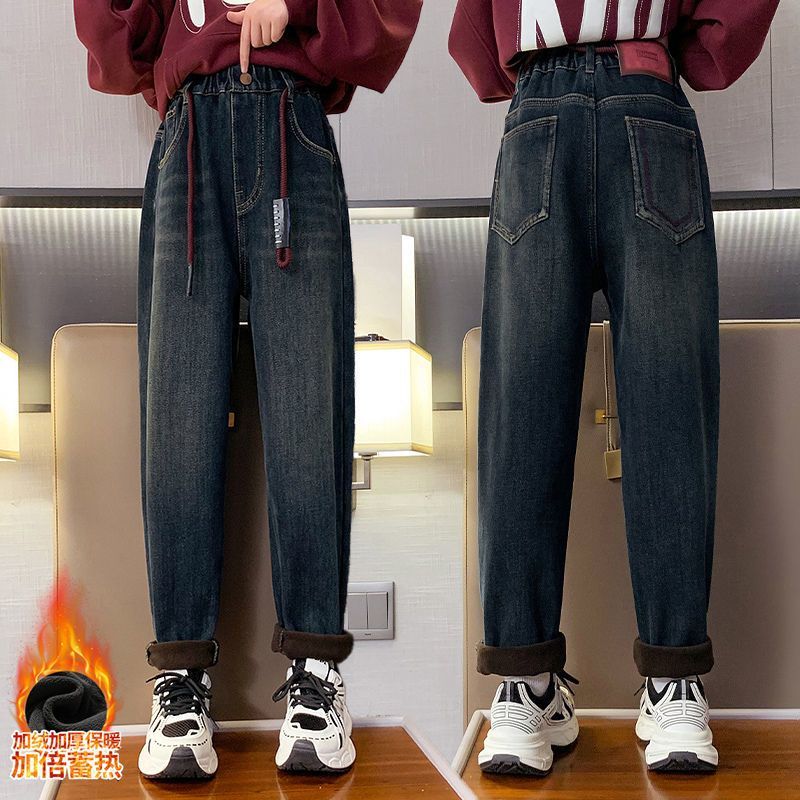 女童秋冬款裤子2023新款女孩洋气加绒牛仔裤儿童加厚一体绒老爹裤