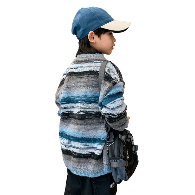 儿童复古开衫撞色针织衫慵懒风男童宽松中大童毛衣外套