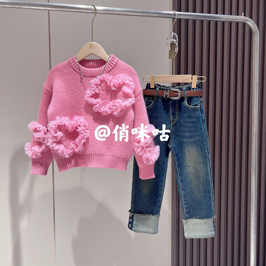 女童套装秋款新款儿童针织毛衣牛仔裤两件套女宝宝衣服秋冬款