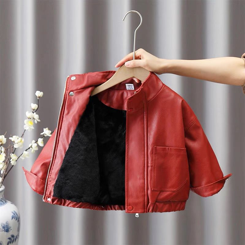 男童红色皮衣儿童加绒加厚拜年服宝宝冬季喜庆立领皮夹克2024新款