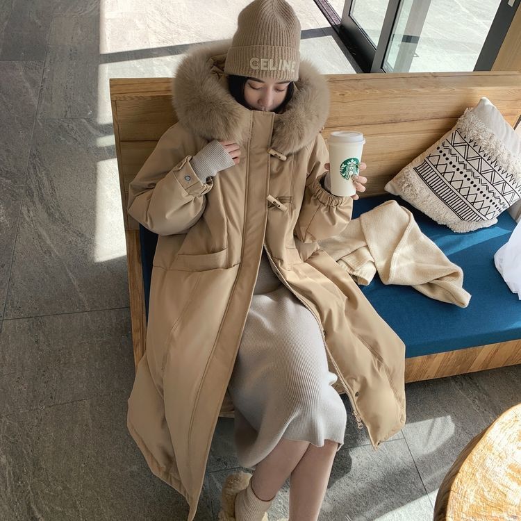 反季清仓毛领连帽羽绒服2023冬季新款小众设计感白鸭绒显瘦中长WW