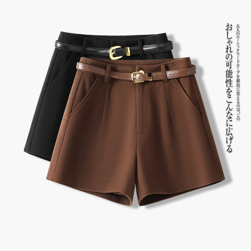 咖色高腰毛呢西装短裤女2023秋冬新款a字显瘦时尚外穿阔腿靴裤潮