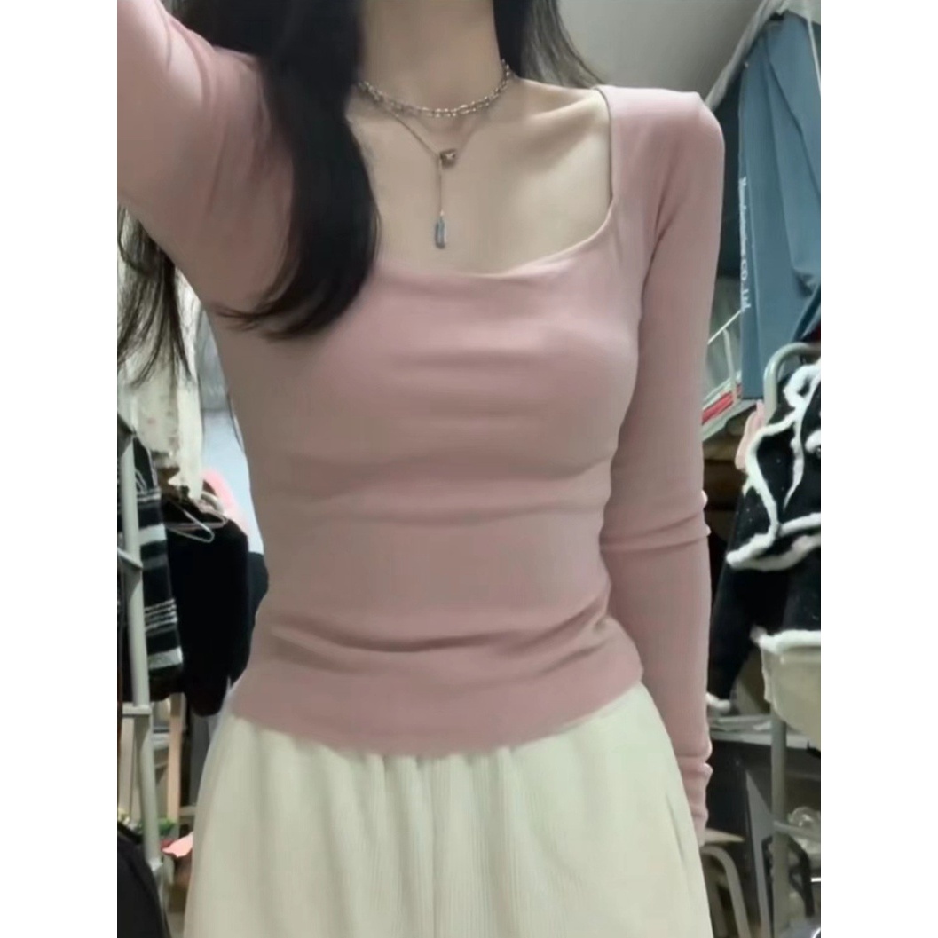 德方领长袖T恤女内搭秋冬加厚软糯辣妹纯欲风打底衫保暖上衣潮