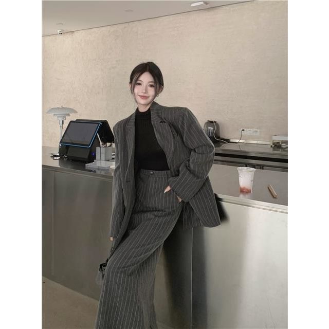 西装外套韩版条纹中长款高级感西服休闲上衣半身裙两件套时尚套装