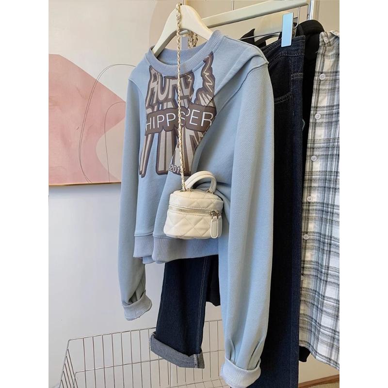 蓝色卫衣女2023新款爆款春秋冬欧货小众设计感潮牌休闲加绒短上衣