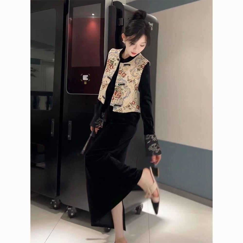 新中式女装国风禅意马甲旗袍改良汉服老钱风套装裙秋冬季2023新款