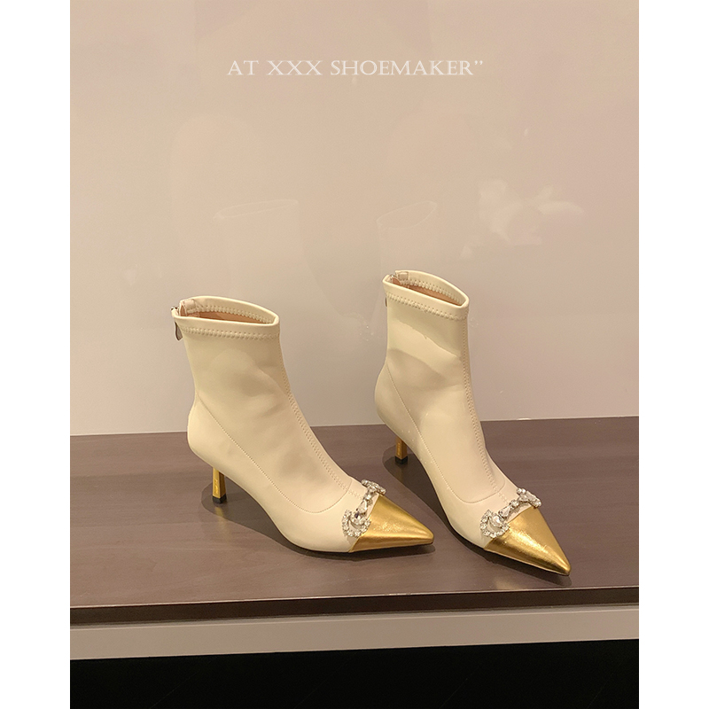 红蜻蜓牌镇店之宝~~小香风拼色短靴女尖头水钻扣高级感细跟瘦瘦靴