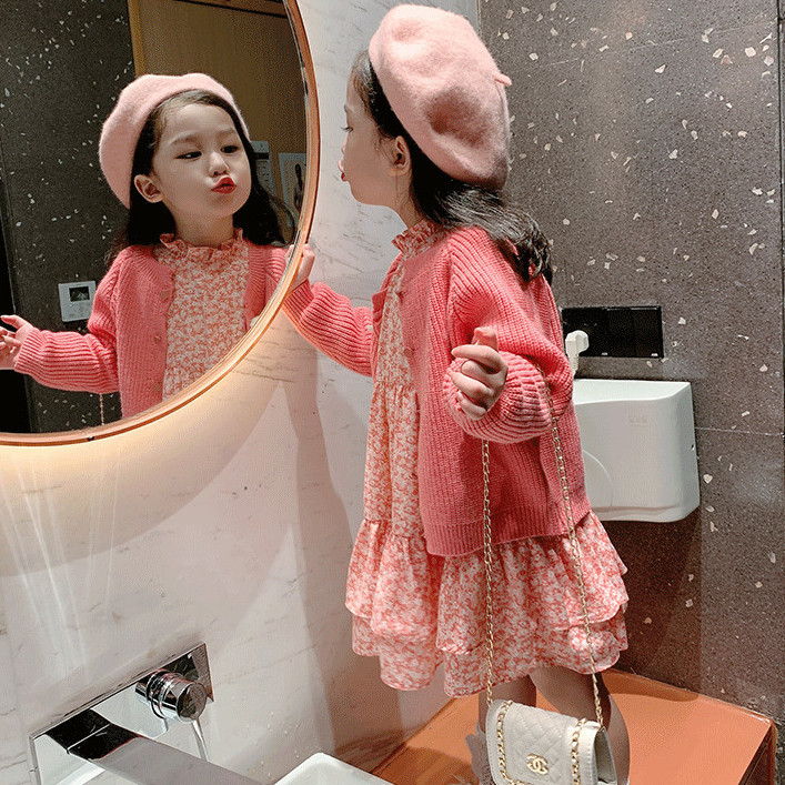 女童碎花连衣裙套装2023春秋新款儿童套裙宝宝洋气针织开衫两件套