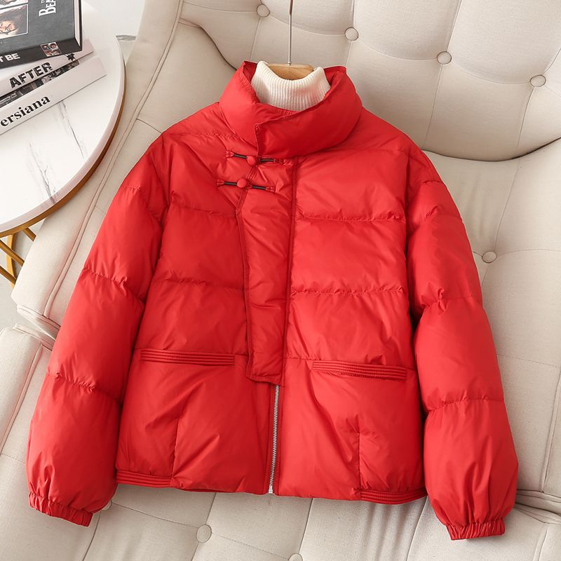 雅鹿短款羽绒服女红新品韩版加厚洋气显瘦立领盘扣白鸭大码小个子