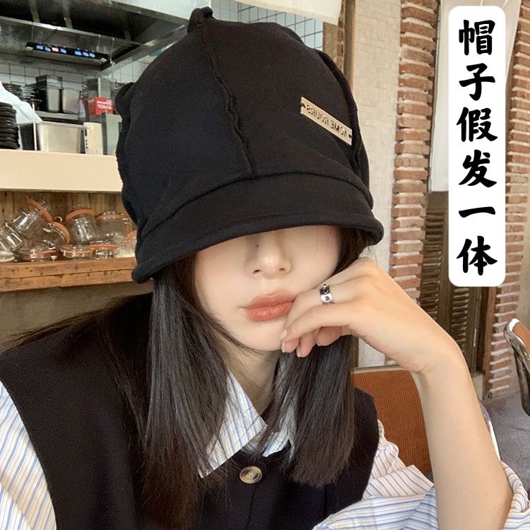新款帽子假发一体短直发显脸小冷帽子女百搭包头帽针织堆堆帽秋冬