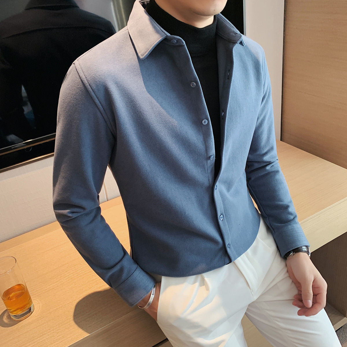 男士假两件衬衫男长袖修身2022新款休闲商务高级免烫春秋高端衬衣