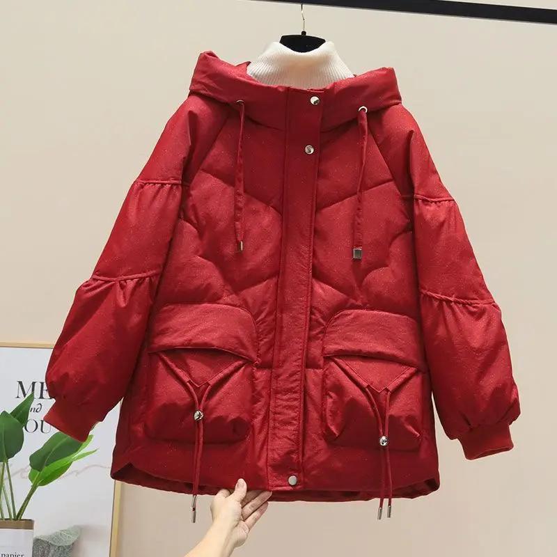 秋冬200斤红色亮晶晶羽绒羽绒服女2023新款韩版宽松冬季加厚保